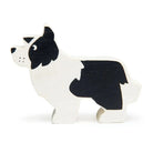 Schwarz-weisser Schäferhund als liebevoll gestaltete Holzfigur für Bauernhof und Tierwelten.