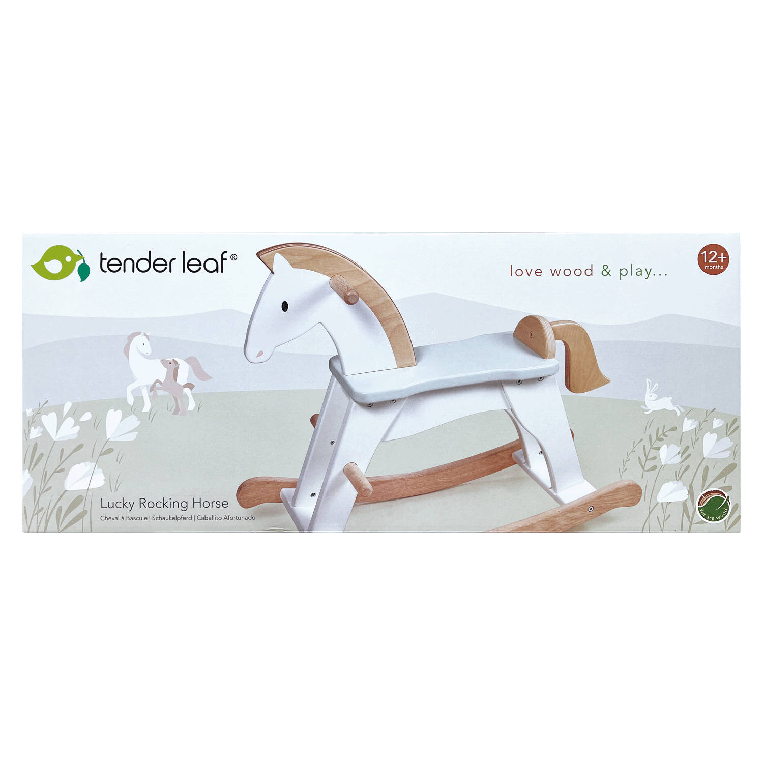 Holz Schaukelpferd für Kinder mit Abbildung der Produktverpackung
