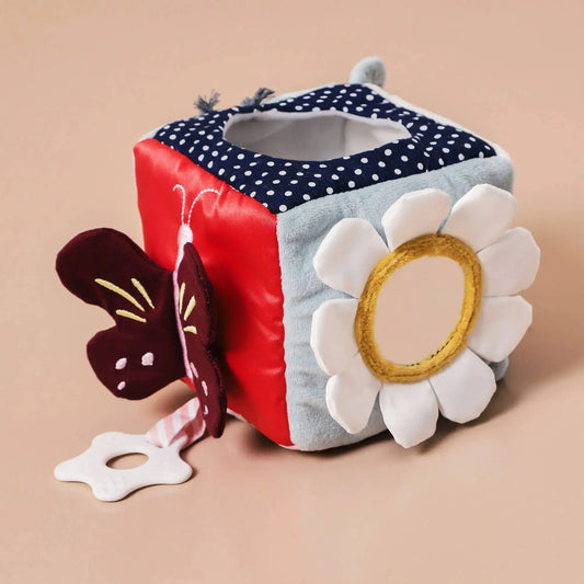Sensorischer Stoffwürfel für Babys mit Blume, Spiegel und Schmetterling