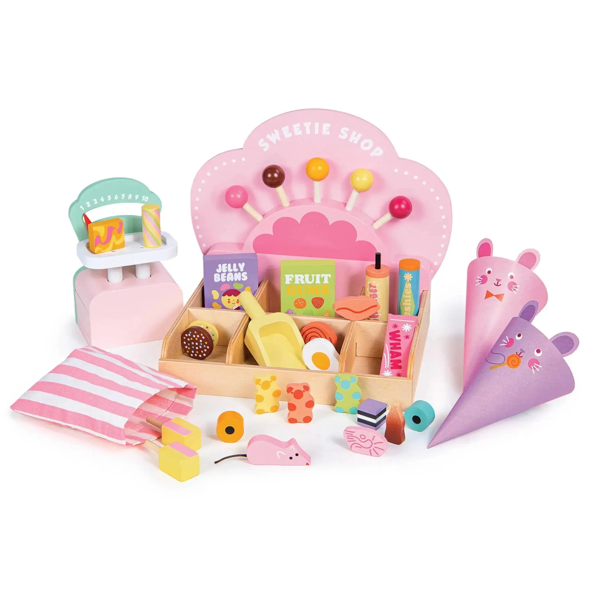 Süsswarenladen aus Holz mit Verkaufstheke, Waage, Bonbons, Lutschern, Stofftüte und umfangreichem Zubehör.
