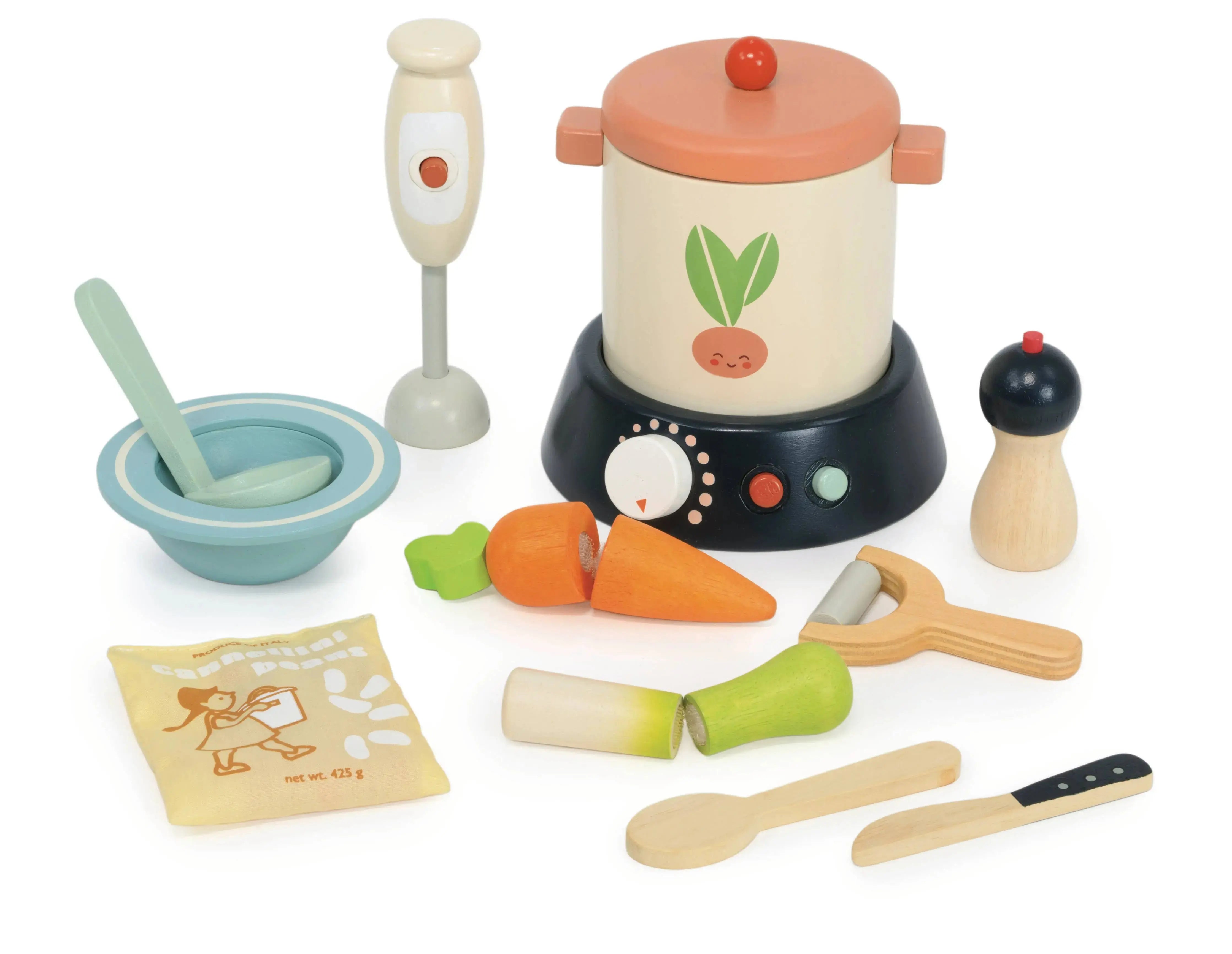 Suppen-Set aus Holz mit Kochtopf, Herdplatte, Gemüse, Handmixer, Schüssel und umfangreichem Kochzubehör.