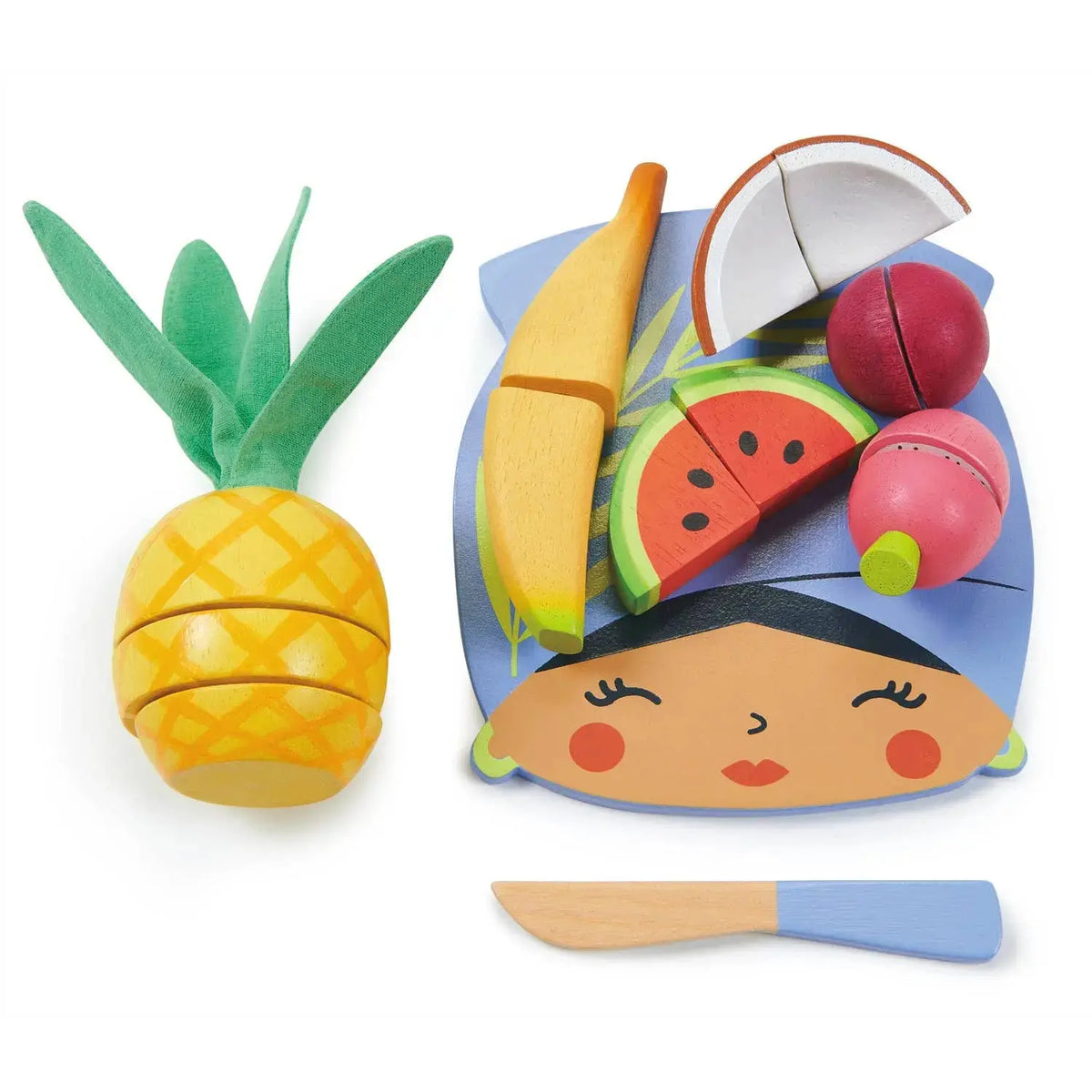 Ananas, Wassermelone, Kokosnuss, Banane und weitere tropische Früchte aus Holz.
