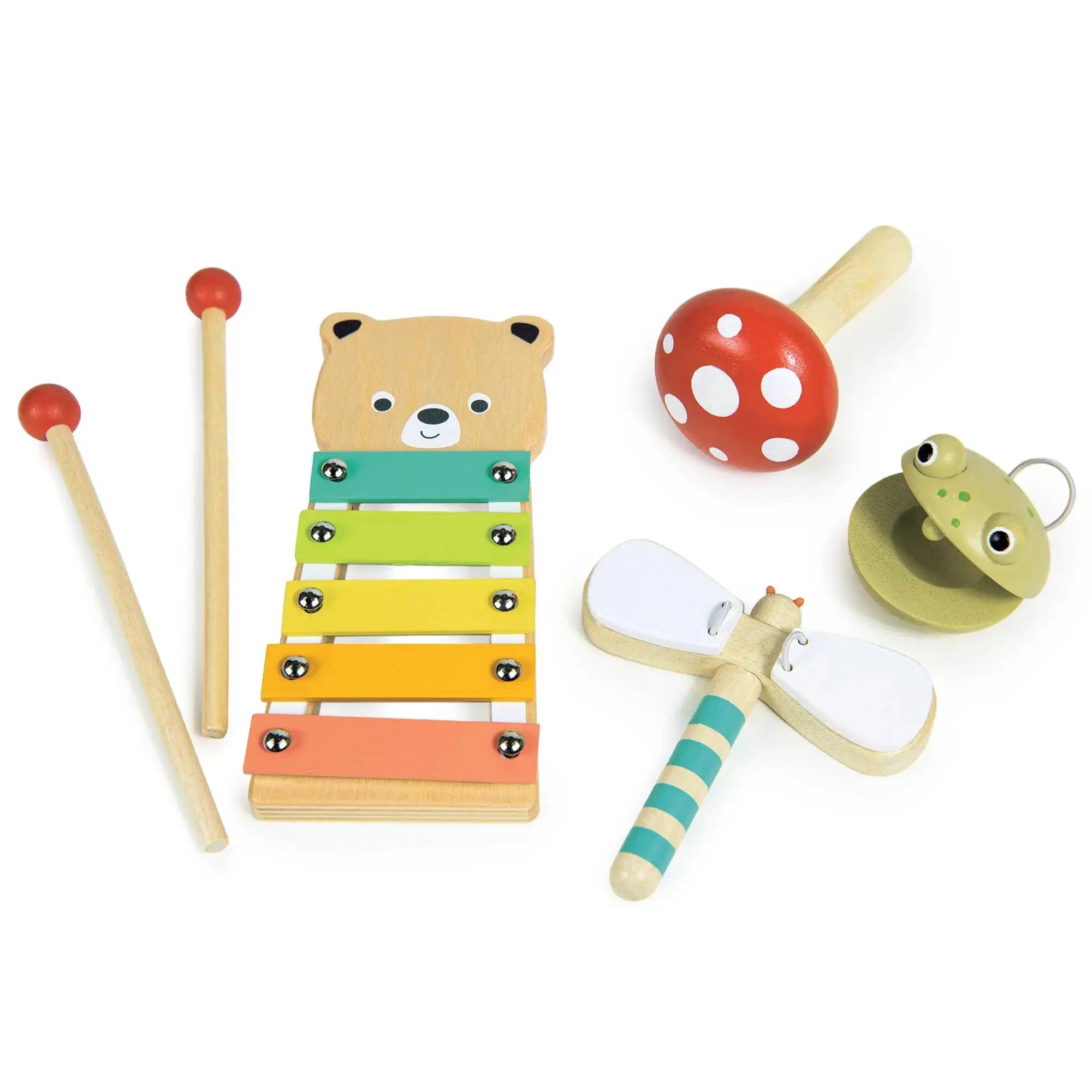 Waldmusik-Set mit Bären-Xylophon, Libellenklapper, Fliegenpilz-Schüttelinstrument und Frosch-Kastagnette.